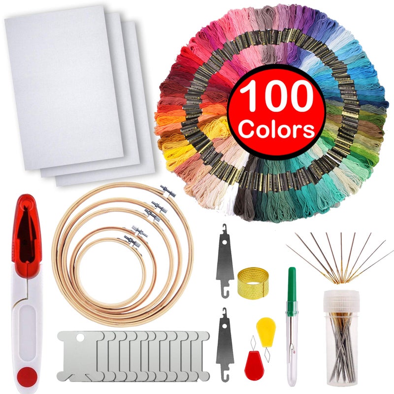 MDPQT Full Range of Embroidery Starter Kit,5 Pieces Bamboo Embroidery Hoops,100 Color Embroidery Threads,Cross Stitch Tool Kit - Image 1